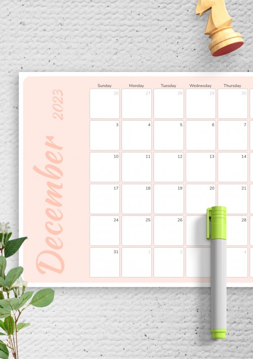 Colored Pink December 2023 Calendar