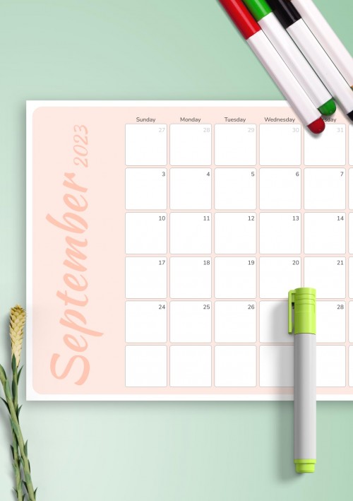 Colored Pink September 2023 Calendar