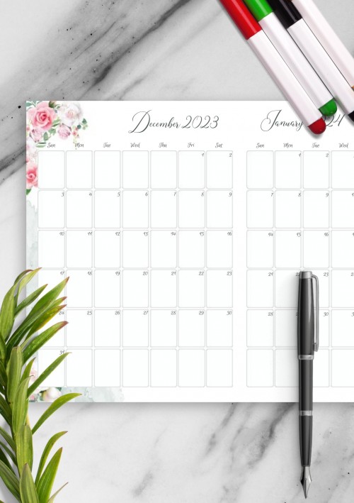 Floral Two Months December 2023 Calendar
