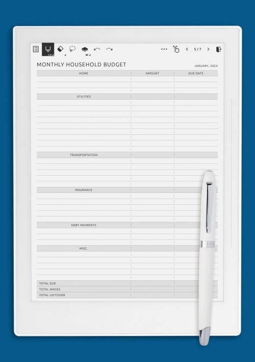 Supernote A6X Monthly Household Budget Template