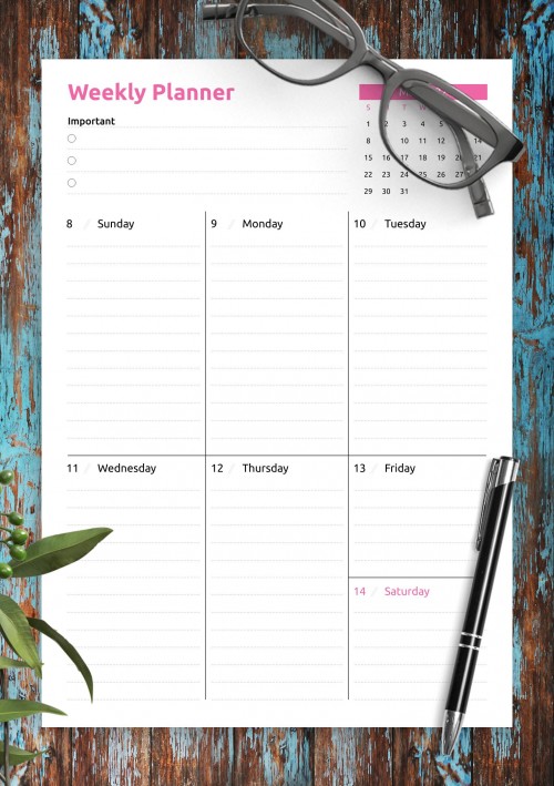 May 2022 Colored one-page weekly planner
