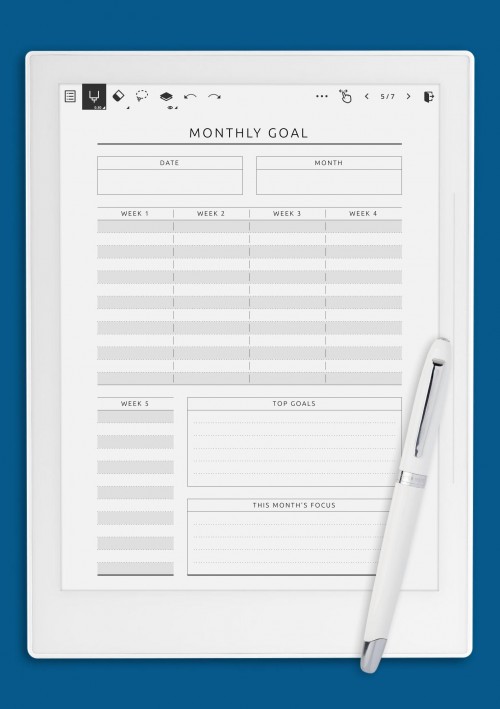 Monthly Goal Setting for 5 Weeks Template for Supernote A5X